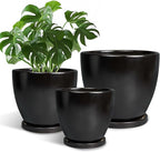 Ceramic Plant Pots - 10+8+6 Inch Modern Round Planters for Indoor Outdoor with Drainage Holes and Plant Saucers, Room Patio House Office Decor, Gardening Gifts for Women Men, Set of 3, Black