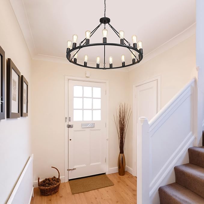 Wagon Wheel Chandelier, 15 Light Black Farmhouse Chandeliers for Dining Room, Dia 40'' Industrial Dining Room Light Fixture for Kitchen Island Living Room Foyer