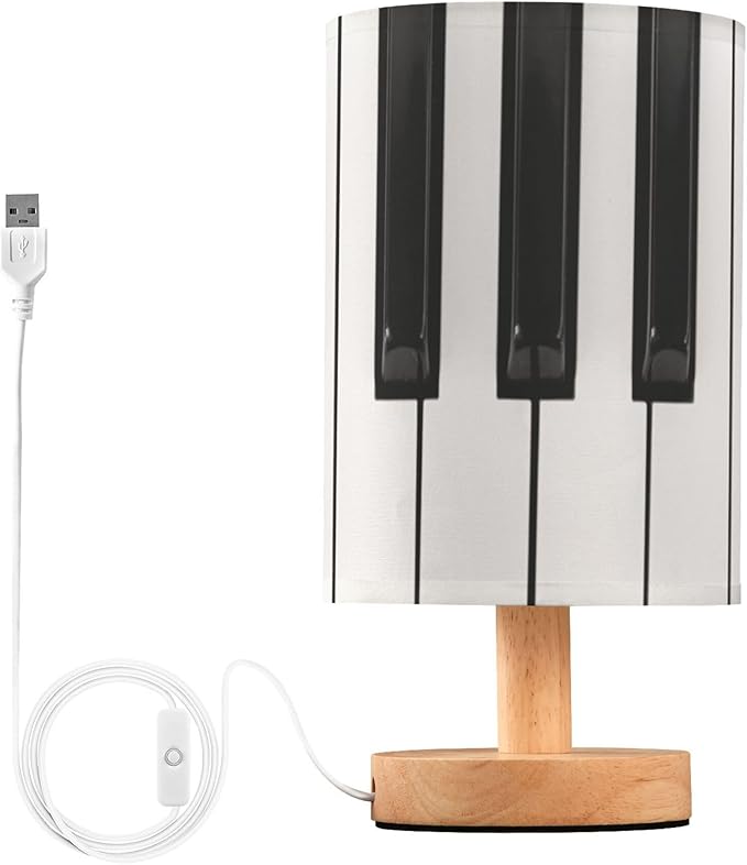 Table Lamp Piano Key Black and White Musical Instrument Nightstand Lamp with Wood Base Fabric Lamp Shade Bedside Desk Lamp for Living Room Bedroom Kids Room Office