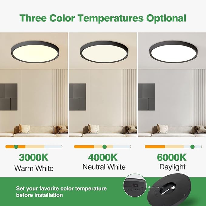 20 Inch Large LED Flush Mount Ceiling Light, 40W, 4350LM, 3000K/4000K/6000K CCT Selectable, Black Round Flat Panel Light, Fits for Hallway, Kitchen, Bedroom, Laundry Room