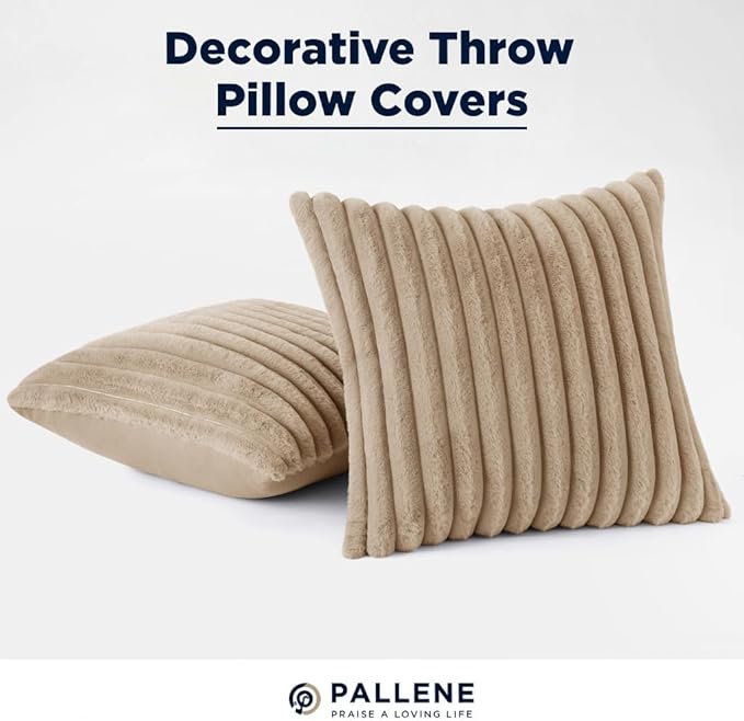 Pallene Faux Fur Plush Throw Pillow Covers 22x22 Set of 2, Luxury Soft Fluffy Striped Decorative Pillow Covers for Sofa, Couch, Living Room, Khaki
