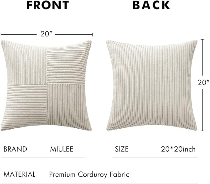MIULEE Beige Corduroy Pillow Covers Pack of 2 Boho Decorative Spliced Throw Pillow Covers Soft Solid Couch Pillowcases Cross Patchwork Textured Cushion Covers for Living Room Bed Sofa 20x20 inch
