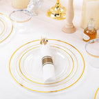 WELLIFE 350PCS Clear-Gold Plastic Plates - 100 Disposable Plates, 150Plastic Silverware, 50 Cups, 50 Napkins for Wedding & Party