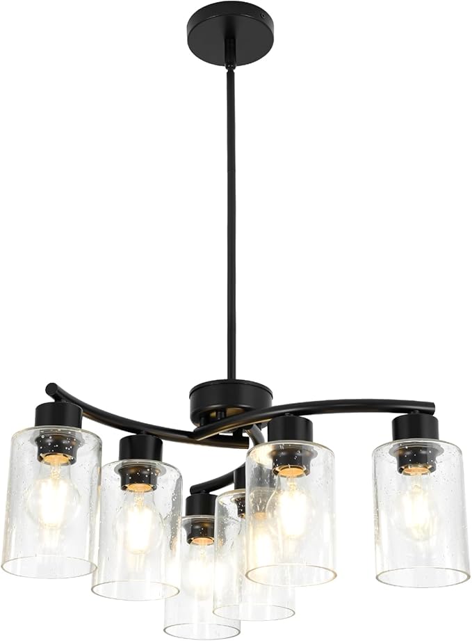 6-Light Modern Chandelier Black Chandeliers for Dining Room Seeded Glass Pendant Lights for Kitchen Island Living Room Foyer Bedroom E26 Base
