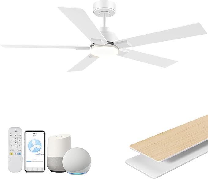 52Inch Smart Ceiling Fan with Lights Remote,APP&Alexa WIFI Controled,Quiet Reversible DC Motor,Dimmable LED,Indoor Outdoor Modern Ceiling Fan,for Living Room Bedroom Patio Porch,White&Light Wood