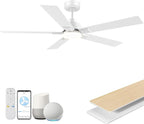 52Inch Smart Ceiling Fan with Lights Remote,APP&Alexa WIFI Controled,Quiet Reversible DC Motor,Dimmable LED,Indoor Outdoor Modern Ceiling Fan,for Living Room Bedroom Patio Porch,White&Light Wood