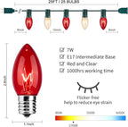 Minetom C9 Red & Clear Christmas String Lights, 25FT 25 Blubs Bright & Warm Outdoor Christmas Lights, Long Life C9 String Lights for Tree Patio Gazebo Wreath, Green