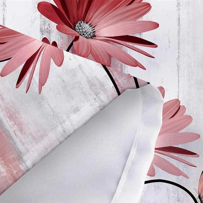 Rustic Farmhouse Shower Curtain, Farm Red Daisy Floral Flowers and Butterfly, Light Burgundy Gray Shower Curtain with 12PCS Hooks, 48X70IN