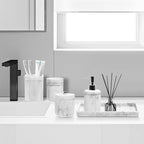 Resin White Marble Bathroom Accessories Set 5 Pcs, Lotion Soap Dispenser, Toothbrush Holder, Bathroom Tumbler, Qtip Holder and Vanity Tray, Bathroom Countertop Organizer Set for Home Apartment