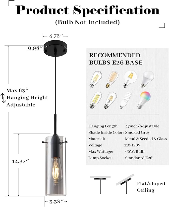 Smoke Gray Glass Pendant Light Kitchen Island, Kitchen Island Lights Ceiling Hanging, Kitchen Pendant Lights 2 Pack, Modern Clear Hanging Pendant Light for Kitchen, Living Room, Bathroom