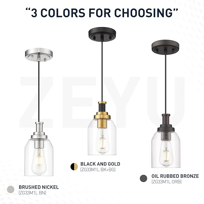 zeyu Pendant Lights Kitchen Island, Modern Kitchen Pendant Lighting Over Island for Dining Room, Brushed Nickel Hanging Lights Fixtures with Clear Glass Shade, ZG33M1L BN