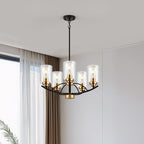 9MMML 5 Lights Glass Chandelier,Wrought Iron Pendant Light Fixtures, Gold+Black Finish Kitchen Island Lighting for Dining&Living Room Foyer Bar