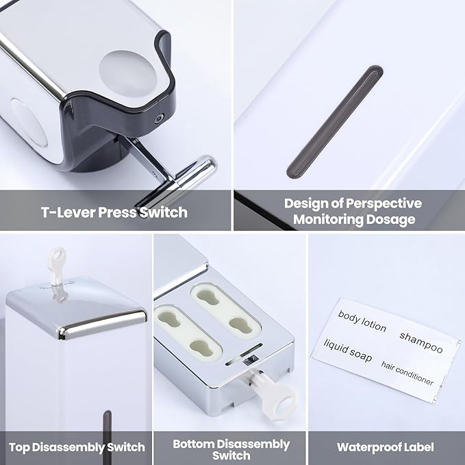 3-in-1 Quadrate Dispensers for The Shower,Shower soap Dispenser,Conditioner Dispenser, Shampoo Dispenser,No Drilled Wall Mounted Distributor,Hotel,Bathroom,Home (Triple, White)