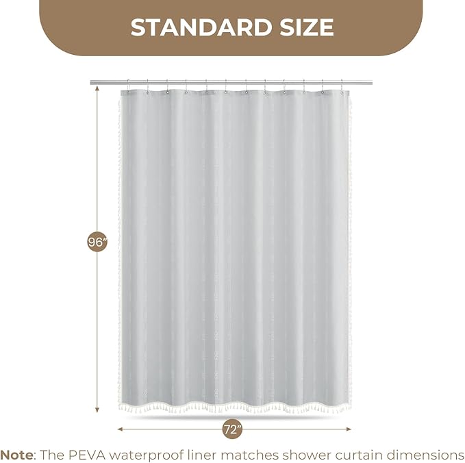downluxe Linen Texture 3 in 1 Farmhouse Shower Curtain Set with Tassel, Boho Fabric Shower Curtains for Bathroom, Grey, 72W x 96L