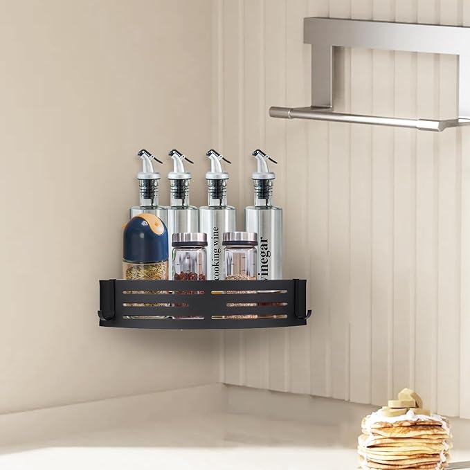 Shower Caddy Shelf Rack, Self Adhesive Shower Shelves with Hooks, Rustproof Bathroom Organizers and Storage, Home Decor Accessories (Triangle-Black)