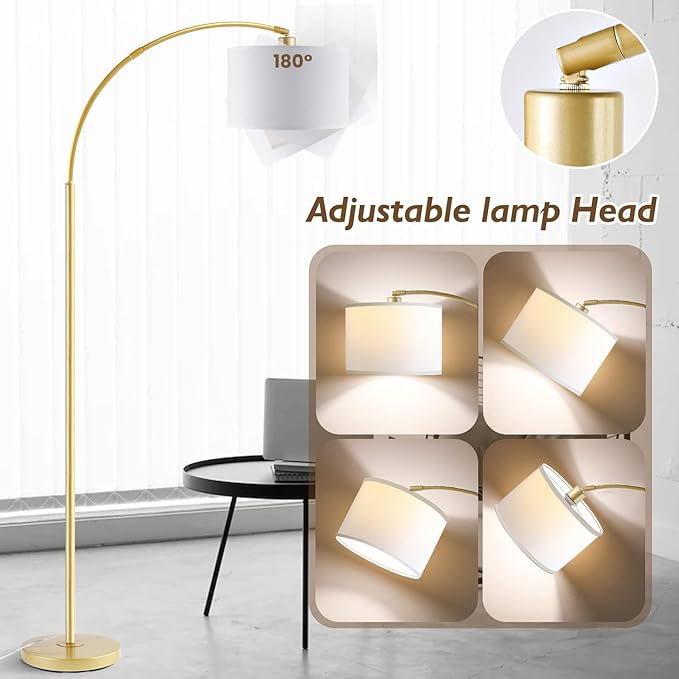 Arc Floor Lamps for Living Room, Modern Remote Control Standing FLamp with Stepless Dimmable, Gold Tall Lamp with White Drum Shade,Over Couch Arched Reading Light for Bedroom, Office(Bulb Included)