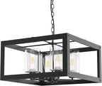 4-Light Black Chandelier, 19" Farmhouse Chandeliers Light Fixture with Glass Shade Lighting Fixtures Modern Ceiling Pendant Lamp for Dining Room Kitchen Island Entrance Bedroom Living Room