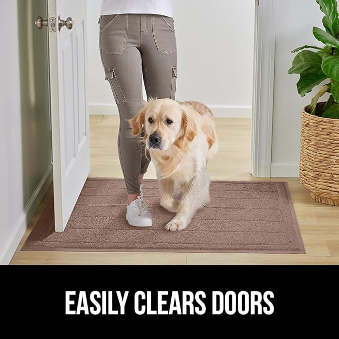 GORILLA GRIP Dirt Grabber Mesh Doormat, Low-Profile, Stain and Fade Resistant Heavy Duty Quick Dry Striped Doormats, Mats for Indoor or Outdoor Entry, Shoe Scraper, Garage Entrance Mat, 35x23, Latte