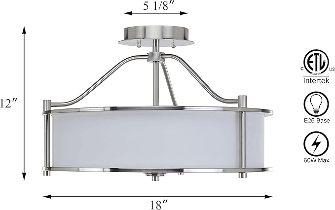 XiNBEi Lighting Semi Flush Mount Ceiling Light 18 inch 3 Light Close to Ceiling Light with Fabric Shade and Glass Diffuser, Brushed Nickel Drum Semi Flush Light for Dinning & Bedroom XB-SF1199-BN