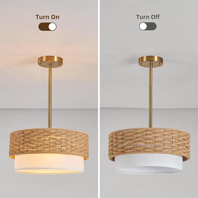 15in Boho Coastal Pendant Lights, 15in Woven Rattan Lighting Fixture, 2-Tier Rope Chandelier with Fabric Shade for Kitchen Island, Living Room, Dining Room, Bedroom, Restaurant