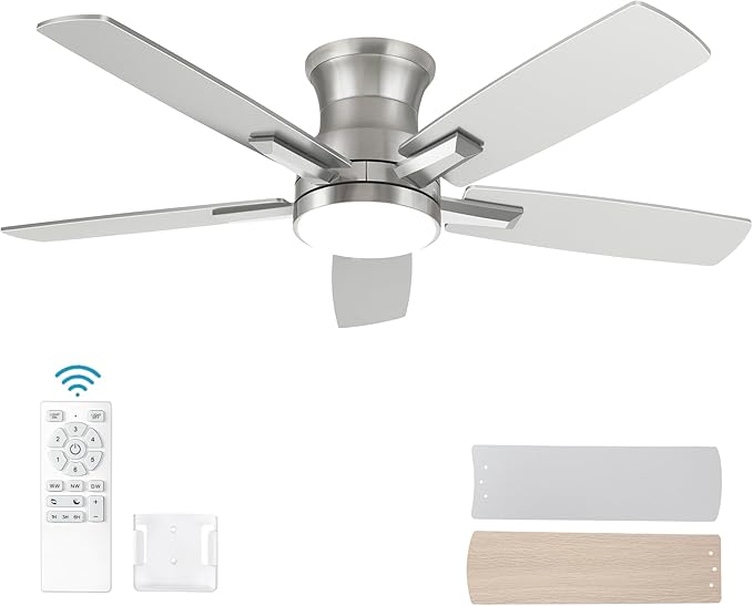 YUHAO 42 Inch Flush Mount Brushed Nickel Ceiling Fan with Light and Remote Control.Noiseless,Dimmable,3CCT,6 Speeds Reversible, Low Profile DC Ceiling Fans for Indoor Use