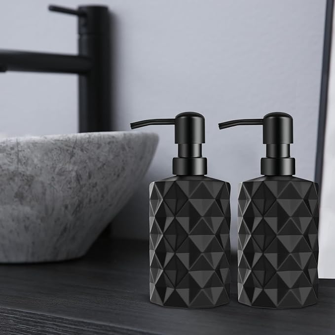 Black Glass Soap Dispenser with Pump, 11oz Diamond Design Hand Soap Dispenser, Refillable Lotion & Dish for Dishwashing Liquid, Lotion Shower Gel
