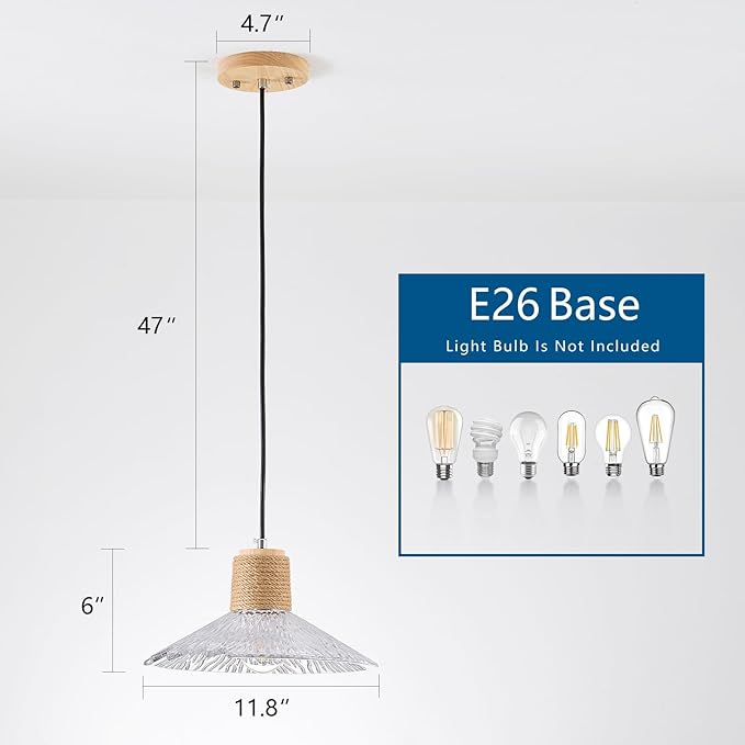 Pendant Light with Clear Striped Glass Lampshade, Farmhouse Hemp Rope Vintage Chandelier, Adjustable Height Hanging Rustic Light Fixture for Dining Room Living Room Hallway
