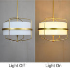 DAYCENT Modern Gold Pendant Light 3-Light Drum Shade Chandelier 16-Inch Brass Pendant Lighting with Drum Fabric Shade Hanging Light Fixture for Dining Room Living Room, Adjustable Height