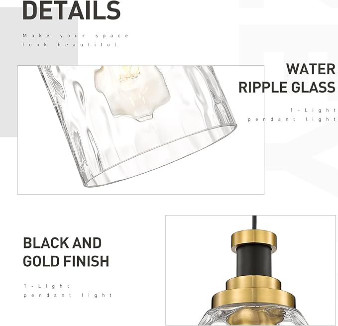 zeyu Glass Pendant Lights Kitchen Island, Kitchen Pendant Lighting Over Island with Water Ripple Glass, Modern Mini Hanging Light, Black and Gold Finish, ZG33M1L BK+BG-WG