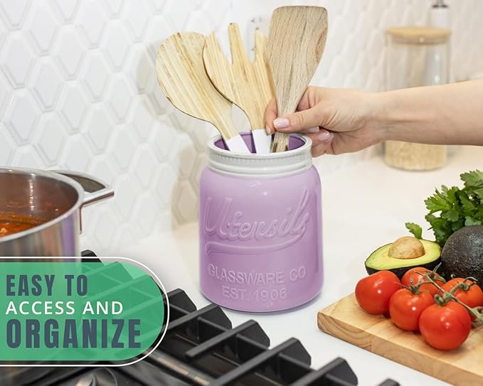 Comfify Wide Mouth Mason Jar Utensil Holder Decorative Kitchenware Organizer Crock, Dishwasher Safe - Kitchen Caddy Purple, Large Size 7" Hight