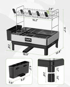 2 Tier Dish Drying Rack, Thicker Premium 304 Stainless Steel Dish Racks for Kitchen Counter, Automatic Drainage Spout, Dish Drainer & Drainboard Set with Utensil Holder and Cup Holder, Black