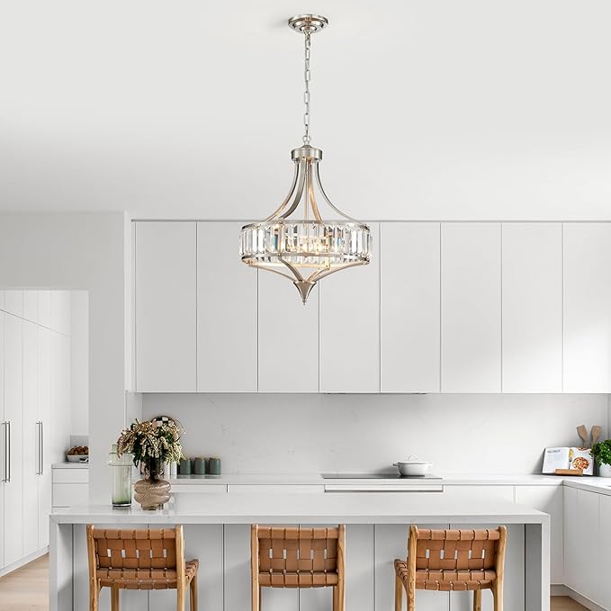 XINGQI Round Crystal Chandeliers for Dining Room Modern 4-Light Rustic Farmhouse Light Fixture Brushed Nickel Pendant Lighting for Living Room Kitchen Island Bedroom