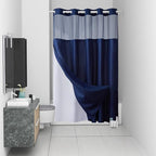 No Hook Waffle Weave Shower Curtain with Snap in Fabric Liner Set,Heavy Duty Textured Bathroom Curtain with See Through Window,Waterproof & Machine Washable,Navy Blue,Stall 54x80 Inch