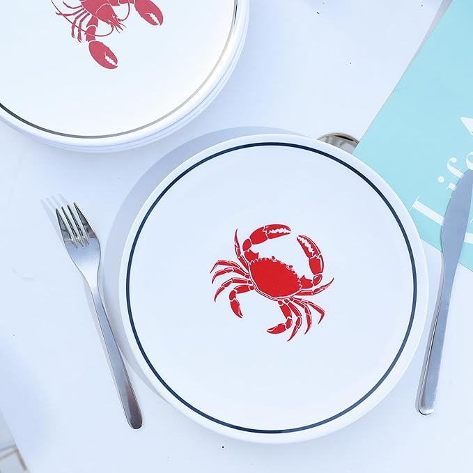 10-Inch Melamine Plates Set of 4 – Serving Dinnerware for Indoor/Outdoor Use, Ocean-Themed Design with Turtle, Crab, Lobster & Fish Patterns, Durable Dishwasher-Safe Plates‌,Sea Life