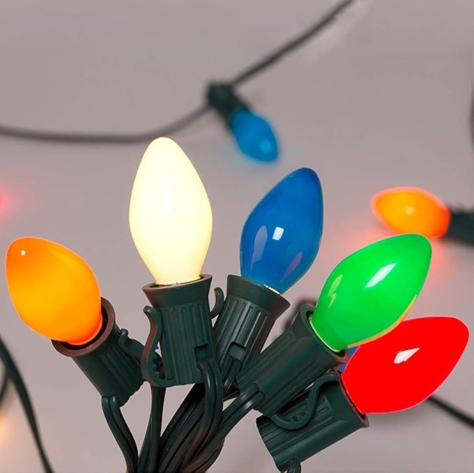 C7 Christmas Lights, 25Ft Ceramic Vintage Christmas Lights with 25 Multicolor C7 Bulbs, Hanging Outdoor Christmas Lights for Christmas Tree Party Backyard Wedding Party Decor- Green Wire