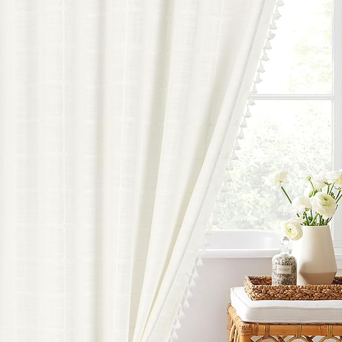 MitoVilla Cream White Boho Extra Long Shower Curtain 72 x 84, Modern Farmhouse 84 inch XL Polyester Linen Texture Tassel Fabric Shower Curtain Set with Hooks for Country Bathroom Decor, Ivory