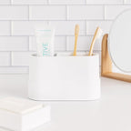 Matte White Large Toothbrush and Toothpaste Holder and Cup for Bathroom Vanity and Countertop, Round Organizer for Electric Toothbrushes, Floss, Razors, Cotton, and Mouthwash