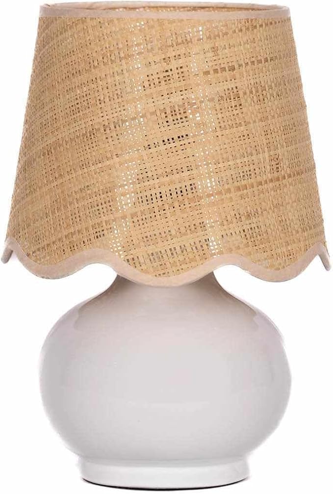 BoutiqueRugs Navarro Boho Ceramic Bedside Table Lamp for Bedroom Nightstand and Living Room - Shade Rattan - White, Beige - 13" H