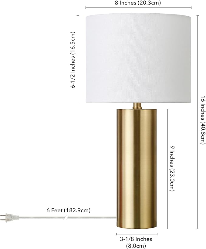 Henn&Hart 16'' Mid-Century Modern 1-Light Table Lamp with White Fabric Drum Shade for Living Room, Bedroom, or Office, Brass