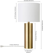 Henn&Hart 16'' Mid-Century Modern 1-Light Table Lamp with White Fabric Drum Shade for Living Room, Bedroom, or Office, Brass