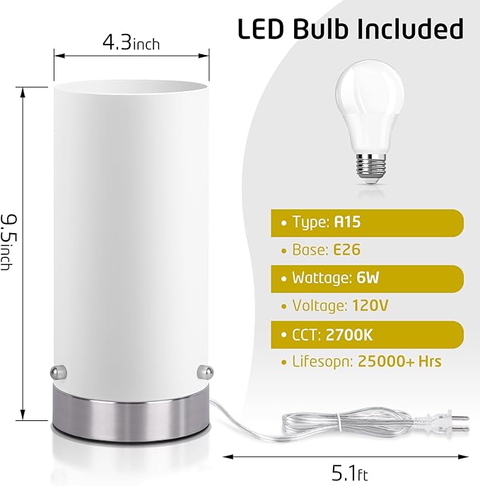 Bedside Table Lamp for Bedroom, 3 Way Dimmable Touch Control Table Lamps for Nightstand, Modern Desk Lamp with Glass Lamp Shape, 2700K 6W Bulb Included(Nickel).