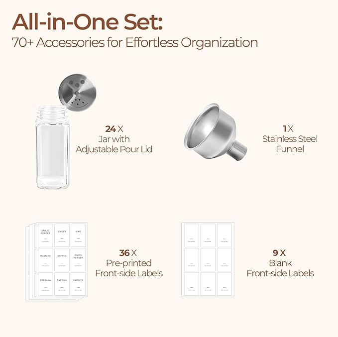 ComSaf 4oz 24PCS Spice Jars with Adjustable Shaker lids，93 Labels, Comdiment Jars Set, Empty Spice Containers and Square Ingredient Bottles for Kitchen and Seasoning, Salt and Pepper Shaker Set