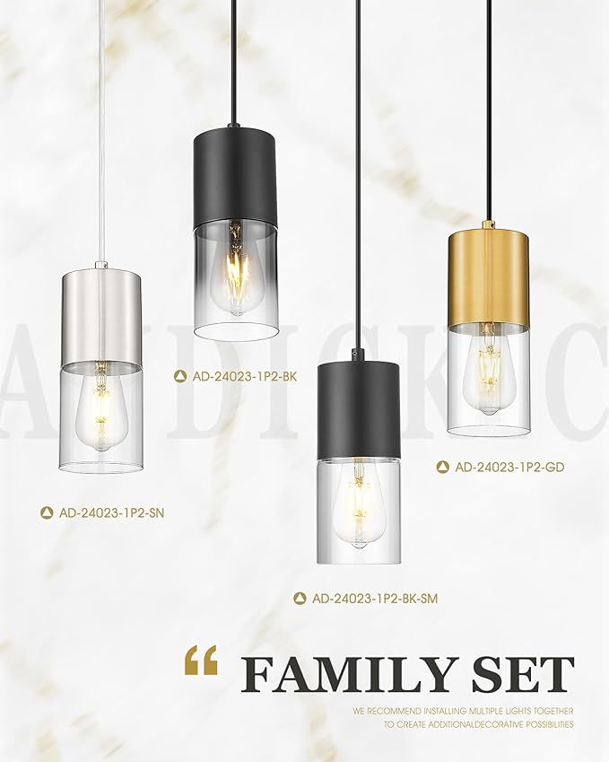 Pendant Lights Kitchen Island, Brushed Nickel Hanging Lights Fixtures with Cylinder Clear Glass, Modern Kitchen Pendant Lighting Over Island for Dining Room, AD-24023-1P-SN