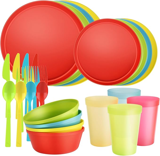 20 Piece Stackable Dinnerware Set for Small Kitchens, Modern Minimalist Plates & Flat Bottom Bowls (Pasta/Salad), Unbreakable & Microwave Safe, Tropical