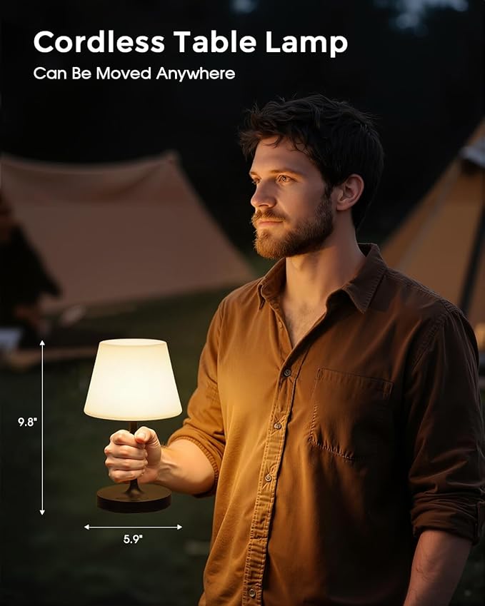Outdoor Battery Operated Table Lamp, IP54 Waterproof Shower Lamp, 4000mAh Rechargeable Cordless Lamp, 3 Color Temperatures Dimmable, Small Touch Table Lamp for Bedroom, Patio, Camping, Restaurant