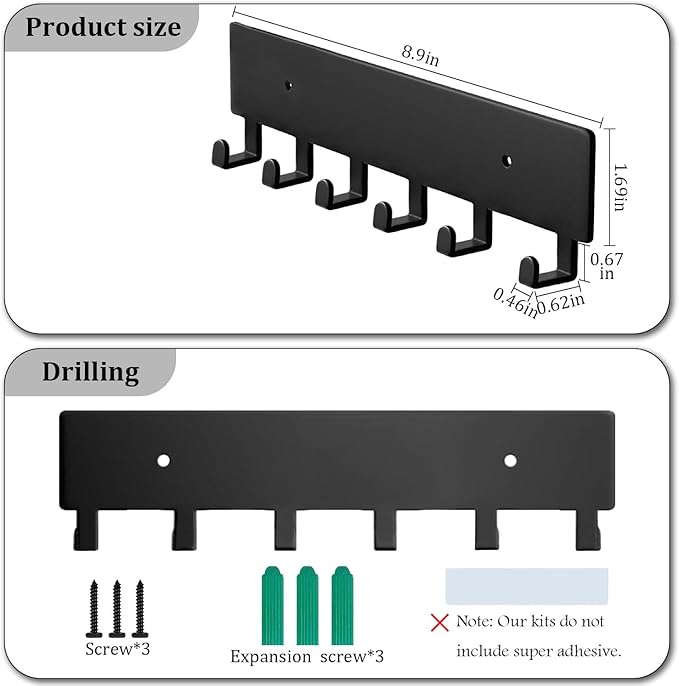 Key Holder Wall Mount with 6 Hooks - Key Rack Organizer for Entryway, Kitchen & Office, Screw-in Mounting 1 Pack 9 Inch