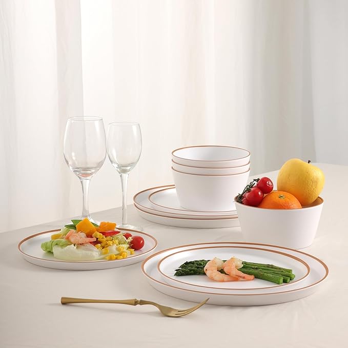 Melamine Dinnerware for 4, 12 Pieces Unbreakable Matte Plastic Plates and Bowls set, Kitchen Dish set BPA Free, Dishwasher Top Safe, Not Microwave, Not Oven (White)