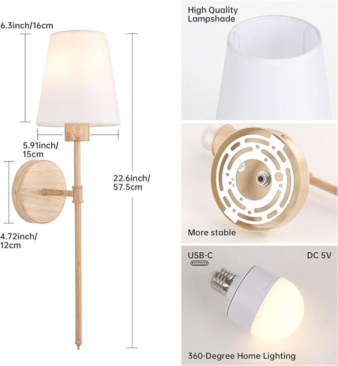 Battery Operated Wall Sconces Set of 2, Beech Color Wall Lamp 5000 mAh Rechargeable Bulb with 12 RGB Colors Dimmable Wall Sconce for Living Room Bedroom