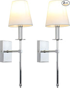 PERMO Set of 2 Classic Rustic Industrial Wall Sconce Lighting Fixture with Flared White Textile Lamp Shade and Chrome Tapered Column Stand, Hardwired, E26 Base