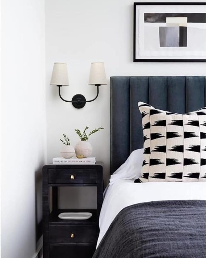 2-Lights Wall Sconces with Funnel Linen Fabric Shades, Double Light Wall Lamps for Bedroom Living Room Vanity Bathroom Hallway Stairway